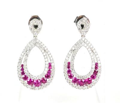 Zlaté náušnice s brilianty a rubíny