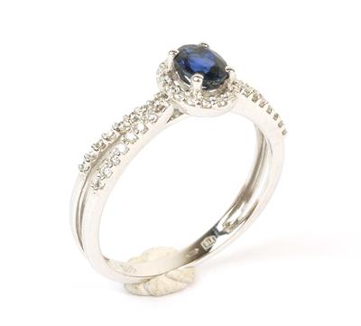 Zlatý prsten se safírem a brilianty