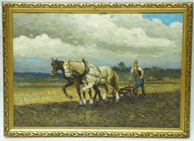 J. ROMBALD - Koně za pluhem, olej na plátně