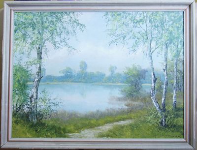 Cesta na břehu rybníka - H. WALTER, olej na plátně