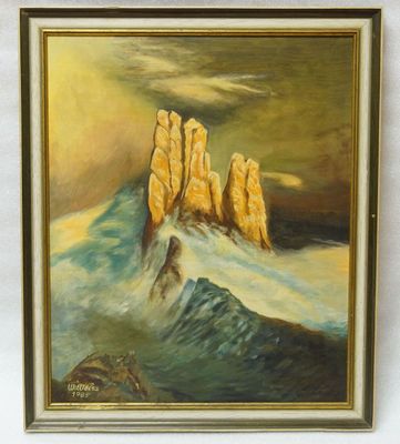 Surrealistický mořský příboj s útesem -  Walter WEISS 1985, olej na desce