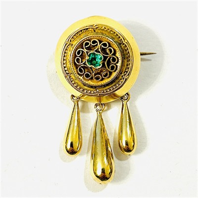 Zlatá pozdně biedermeierová brož se zelným kamenem a ověsky