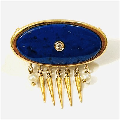 Zlatý designový přívěšek s diamantem, lapis lazuli, perlami