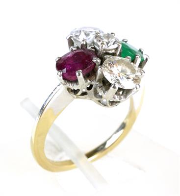 Zlatý prsten s brilianty, smaragdem a rubínem