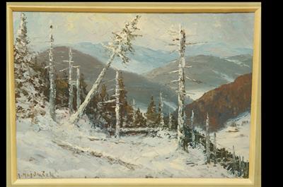 Zimní krajinomalba z Beskyd - Adolf HAJDUČEK, olej