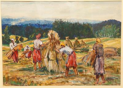 Žně v hornaté krajině Karel HOLEC pastózní olejomalba 1942