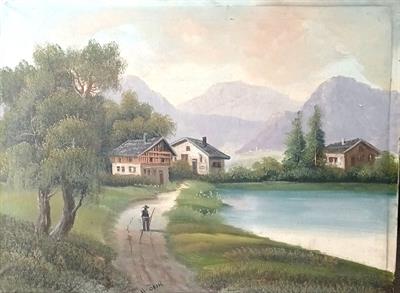 Romantická krajina s poutníkem. Sign.Bossi.