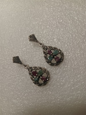 Náušnice stříbro smaragd rubín , markazity