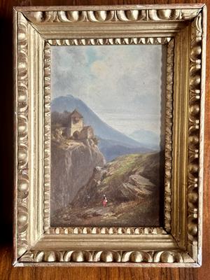 romantická krajina , hrad, 19 stol. olej na kartonu