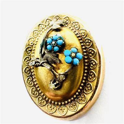 Zlatostříbrná brož  s medailonem zdobená tyrkysy
