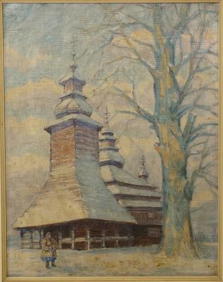 Zimní motiv - Kostel sv. Mikuláše Hradec Králové olejomalba