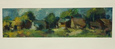 Večer na vsi - panoramatická malba, František PATOČKA olej