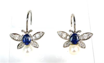 Zlaté náušnice s diamanty, perlami a safíry