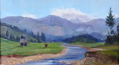 Milena Šimková Elgrová - Horská krajina s říčkou a dřevěnou