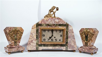 Art deco bicí hodiny a 2 apliky, Francie