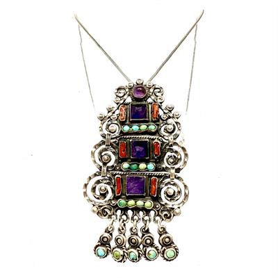 Stříbrná brož / závěs s drahými kameny - Mexiko