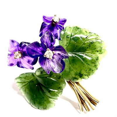 Zlatá brož s ametysty, nefrity a brilianty - fialky