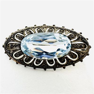 Stříbrná Art deco brož s modrým spinelem