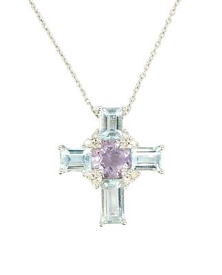 Zlatý náhrdelník s diamanty, topazy a ametystem - křížek