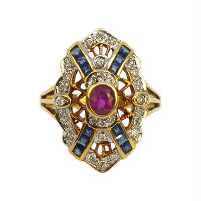 Zlatý prsten s brilianty, safíry a rubínem