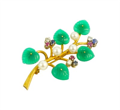 Zlatá brož větvička s perlami, rubíny, safíry a diamanty