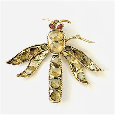 Starožitný zlatý přívěšek "vážka" s diamanty a rubíny