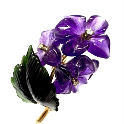 Zlatá brož s ametysty, nefrity a brilianty - fialky