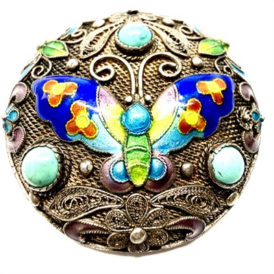 Stříbrná brož zdobená barevnými smalty a tyrkysy