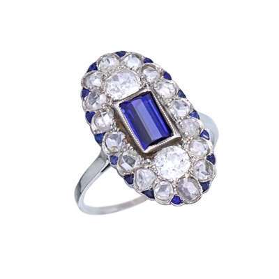 Art deco zlatý prsten s přírodními diamanty 1,20 ct, safíry