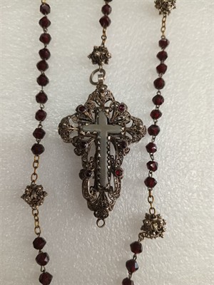 Velký starožitný růženec stříbro filigrán český granát