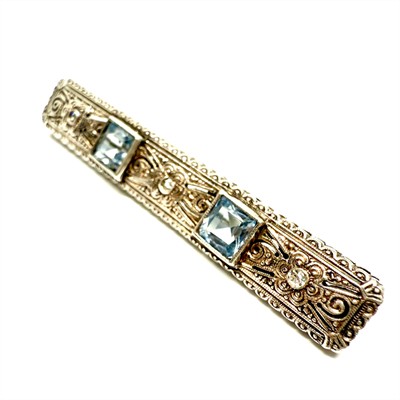 Jemná Art deco stříbrná brož s modrými spinely