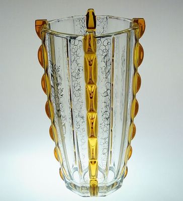 Velká váza - ambrové lunety a malovaný zlatý dekor, styl ART - DECO sklárna Josef INWALD