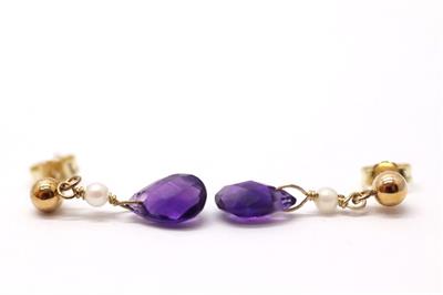 Zlaté náušnice s ametysty a perličkami