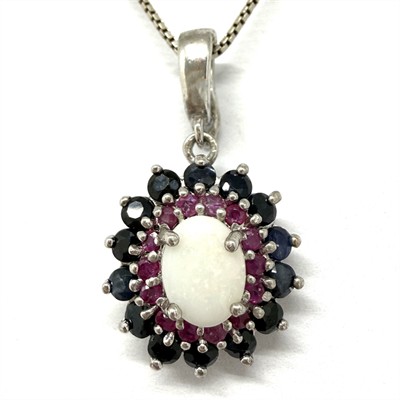 Stříbrný náhrdelník s opálem, rubíny a safíry - květ