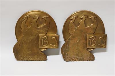 Pár secesních plaket - mosazný plech motiv Pávů a monogr.BJ