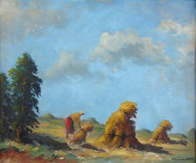 Václav Vaner - Žena vázající snop obilí na poli