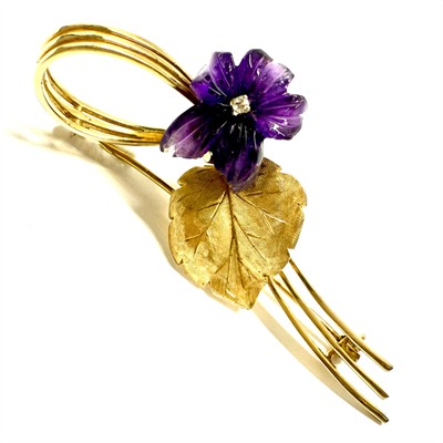 Zlatá brož s ametystem a briliantem - fialka