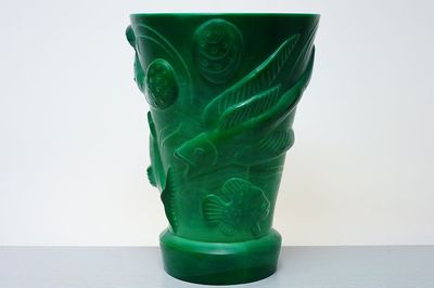 Art - deco váza "MOŘE", Curt Schlevogt  INGRID, malachitové sklo
