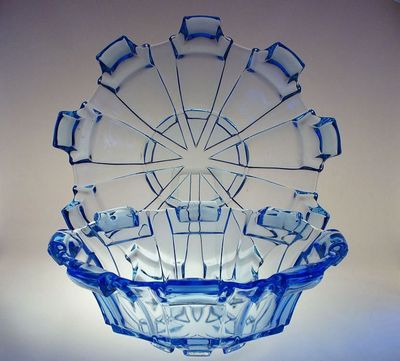 Akavamarin. sklo - Art Deco mísa a žardiniera, sklárna J. INWALD