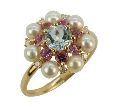 Zlatý prsten s topazem, turmalíny, perlami a brilianty