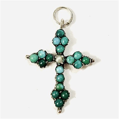 Starožitný přívěšek "kříž" s tyrkysy a perlou