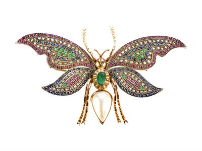 Monumentální zlatá brož- závěs s diamanty, drahými kameny a perlou