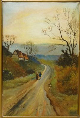 Romantická krajinomalba s figurální stafáží 19. století, olej na plátně