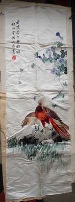 Výšivka na hedvábí - Dva bažanti (signováno)