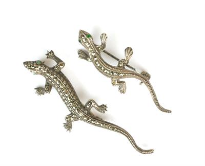 Dvě ještěrky - stříbrné brože s markazity