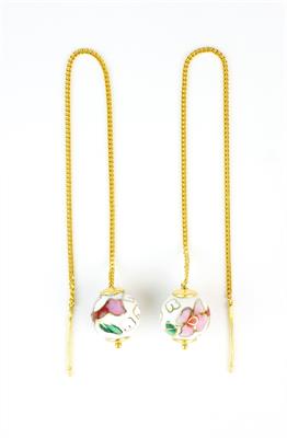 Zlaté visací řetízkové náušnice se smaltovanými ověsky