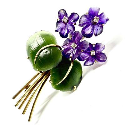 Zlatá brož s drahými kameny - fialky