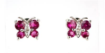 Zlaté náušnice - motýli s brilianty a rubíny