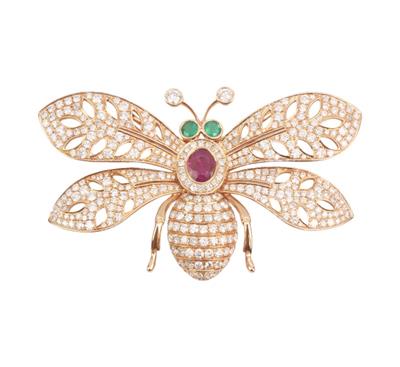 Zlatá brož s brilianty, smaragdy a rubínem - motýl