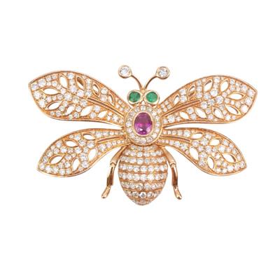 Zlatá brož s brilianty, smaragdy a rubínem - motýl